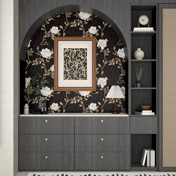 Laatse Black Golden Floral Peel and Stick Wallpaper Flowers Contact Paper 17.5" x 197" Self Adhesive Waterproof Vintage Dark Floral Wall Paper for Shelf Liner Cabinet Decor