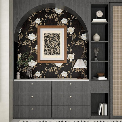Laatse Black Golden Floral Peel and Stick Wallpaper Flowers Contact Paper 17.5" x 393" Self Adhesive Waterproof Vintage Dark Floral Wall Paper for Shelf Liner Cabinet Decor