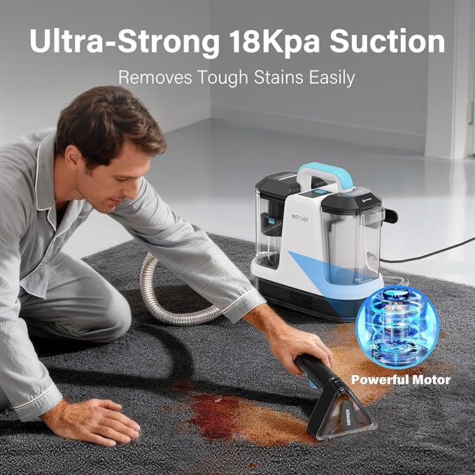 Portable Carpet & Upholstery Spot Cleaner, Compact Strong-Suction Machine with Scrubbing Brush, Removes Pet Stains, Spills & Dirt from Furniture, Stairs, Rugs, Mattresses & Car Interiors