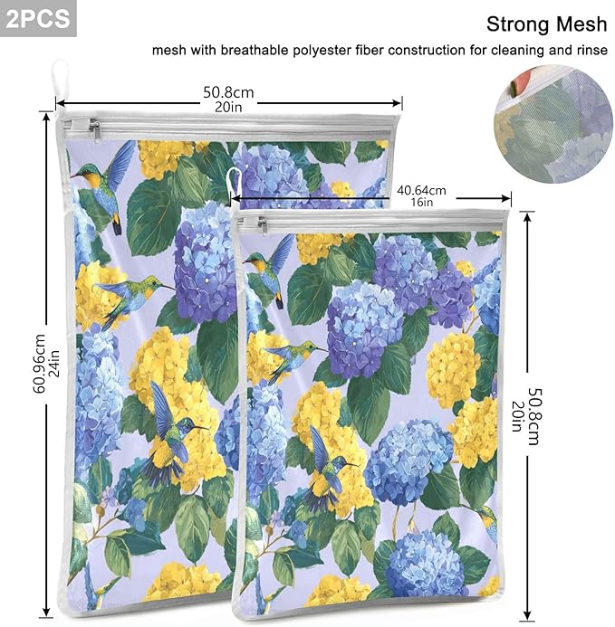 Mesh Laundry Bags Lingerie Bags for Washing Delicates 2 PCS Durable Wash Bag with Zipper Small and Medium Washable Blue Hydrangeas Hummingbirds