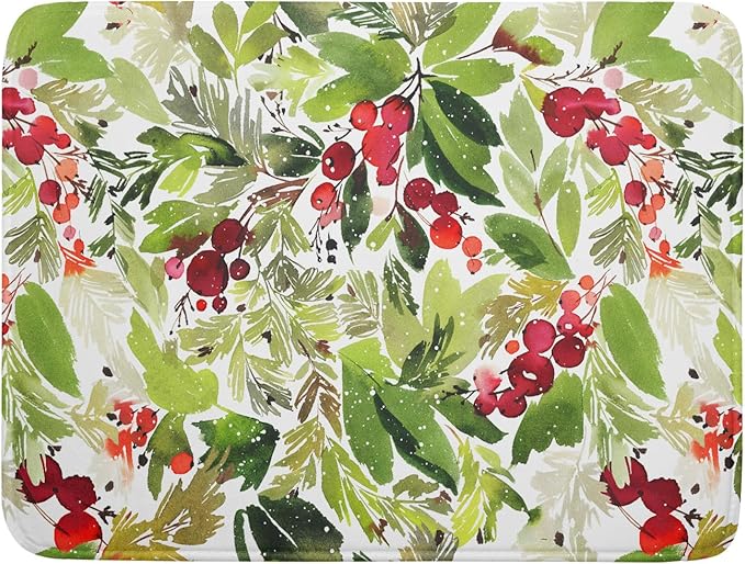 Watercolor Christmas Dish Drying Mat 18 x 24 Inch With Absorbent Reversible Microfiber Green Leaves Red Berry Xmas Drying Mats Winter Holiday Dish Drainer Mat Fast Dry For Kitchen Dining Room