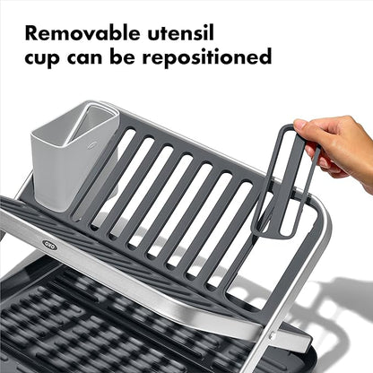 OXO Good Grips Aluminum Fold Flat Dish Drying Rack, 2-Tier, with Drainboard, for Kitchen Counter, Collapsible