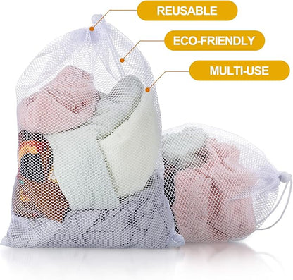TecUnite 10 Pcs Mesh Laundry Bags with Drawstring Multicolor Mesh Sack Bag Nylon Gift Dishwasher Bag with Sliding for Storage Clothes Socks Jewelry Gifts Toys Fruit(24 x 36 Inch,White)