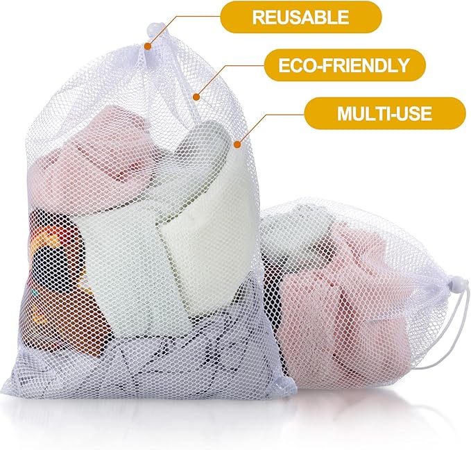 TecUnite 10 Pcs Mesh Laundry Bags with Drawstring Multicolor Mesh Sack Bag Nylon Gift Dishwasher Bag with Sliding for Storage Clothes Socks Jewelry Gifts Toys Fruit(12 x 16 Inch,White)