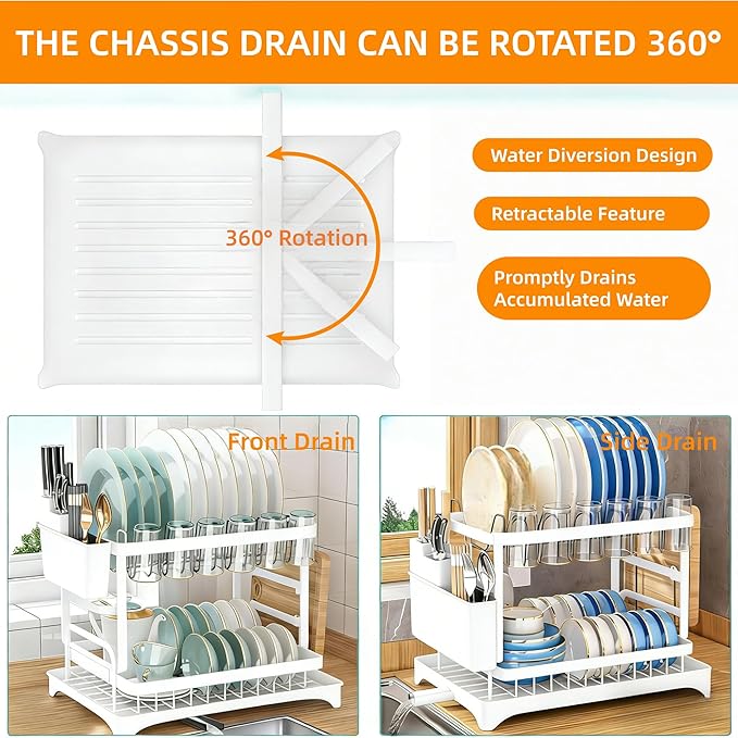 2 Tier Dish Drainers Drying Rack for Kitchen Counter Dishes Drain with Drainboard, Space Saving, Countertop Dryer Strainer Holder and Extra Tray, White