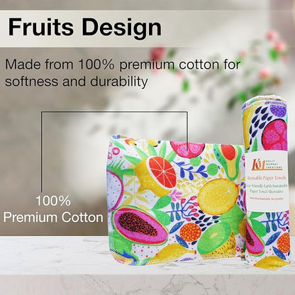 Pack of 10 Reusable Paper Towels | 10x10 Inch Cotton Towels | Kitchen Utensils Print | Eco Friendly, Washable, Quick Drying | Sustainable Cleaning Cloths | Fruits