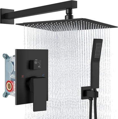 Aolemi Shower Faucet Set Rain Shower System with Handheld Spray Bathroom Shower Combo Rough-in Valve and Shower Trim Kit Included Matte Black 16 Inch Wall Mount Shower Head