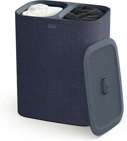 Joseph Joseph Tota 90 liter/23.8 gallon Laundry Hamper Separation Basket with lid, 2 Removable Washing Bags with Handles - Dark Blue