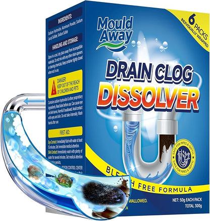 Drain Clog Remover for Sink & Shower, Dissolves Hair, Grease, Soap Scum & Paper, Powerful Bleach-Free Drain Cleaner Powder, 6 Pre-Measured Treatments for Bathroom & Kitchen