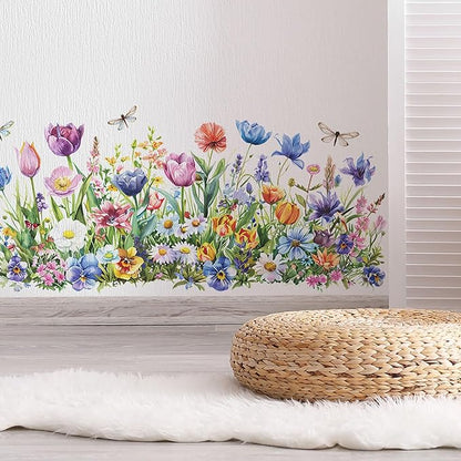 Wildflower Wall Decals with Daisy Tulip Garden Floral Dragonfly Peel and Stick Removable Wall Art for Nursery Girls Room Living Room Kitchen Decor