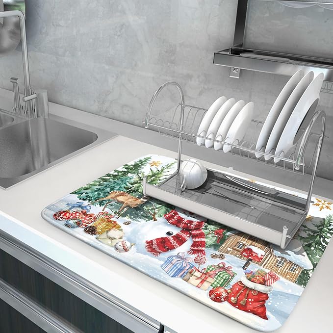 Christmas Kitchen Drying Mat 18 x 24 Inch Xmas Snowman Drying Pad Snowflake and Tree Pattern Absorbent Reversible Microfiber Mats Winter Dish Rack Pad Drainer Mat for Coffee Bar Decor