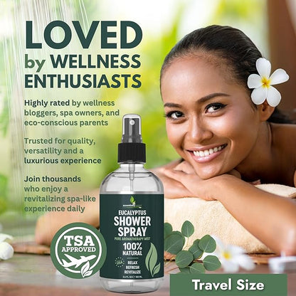 Pure Eucalyptus Shower Spray Travel Size (3.4oz) - 100% Pure and Organic Oil - Eucalyptus Spray for Shower, Sauna and Spa - Steam Room Oil - TSA Approved - Travel Size (3.4oz) - Made in USA
