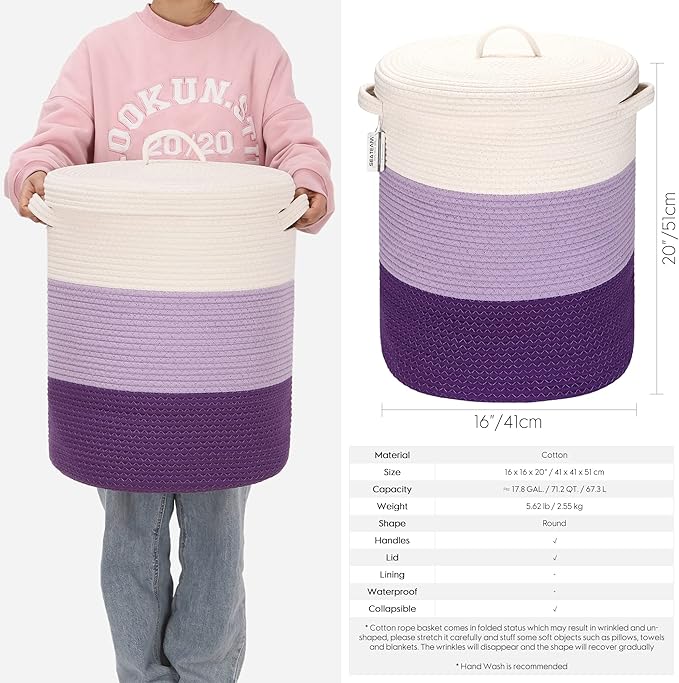 Sea Team Large Size Cotton Rope Woven Storage Basket with Lid, Lidded Laundry Hamper with Handles, Fabric Bucket with Cover, Clothes Toys Organizer for Kid's Room, 16 x 20 inches, White & Lavender