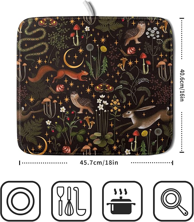 Black Mushrooms Butterfly Dish Drying Pad 16 x 18 Inch With Absorbent Reversible Microfiber Forest Wild Animals Flowers Moon Star Drying Mats Dish Drainer Mat Fast Dry For Kitchen Dining Room