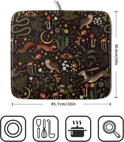 Black Mushrooms Butterfly Dish Drying Pad 16 x 18 Inch With Absorbent Reversible Microfiber Forest Wild Animals Flowers Moon Star Drying Mats Dish Drainer Mat Fast Dry For Kitchen Dining Room