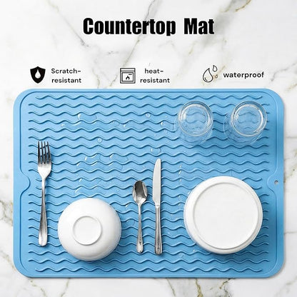 MicoYang Silicone Dish Drying Mat for Multiple Usage,Easy clean,Eco-friendly,Heat-resistant Silicone Mat for Kitchen Counter or Sink,Refrigerator or drawer liner Light Blue L 16 inches x 12 inches