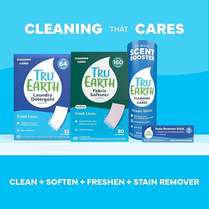 Tru Earth Compact Dry Laundry Detergent - Up to 128 Loads (64 Sheets) - Paraben-Free - Original Eco-Strip Liquidless Detergent, Travel - Fresh Linen | Packaging May Vary