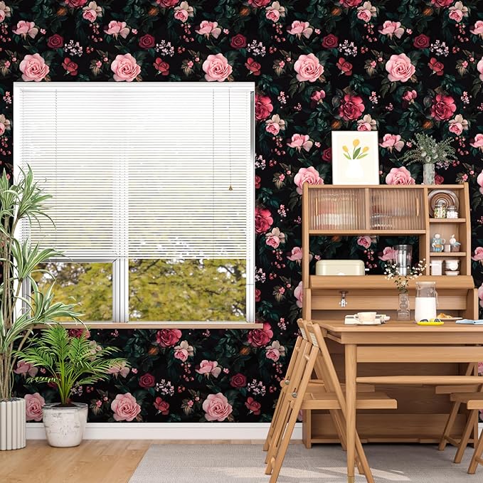 Fvlow Rose Wallpaper Pink and Red Peel and Stick 17.4" x 118" Black Contact Paper Waterproof Removable Wall Covering for Bedroom Kitchen Countertop Desk Home Decor