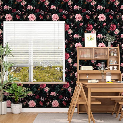 Fvlow Rose Wallpaper Pink and Red Peel and Stick 17.4" x 118" Black Contact Paper Waterproof Removable Wall Covering for Bedroom Kitchen Countertop Desk Home Decor