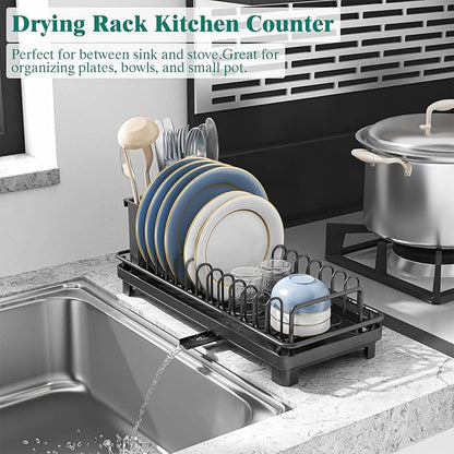 XYZLVSI Small Sink Dish Drying Rack with Drainboard, Compact Dish Drainer for Kitchen Countertop, Rustproof Plate Organizer with Utensil Holder, Black