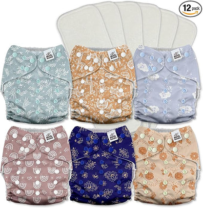 Mama Koala 3.0 Pocket Cloth Diapers for Babies with AWJ Lining, 6 Pack with 6 5-Layer Natural Cloth Diaper Inserts - Reusable and Washable Pocket Diapers(A-Cabin Vibes)