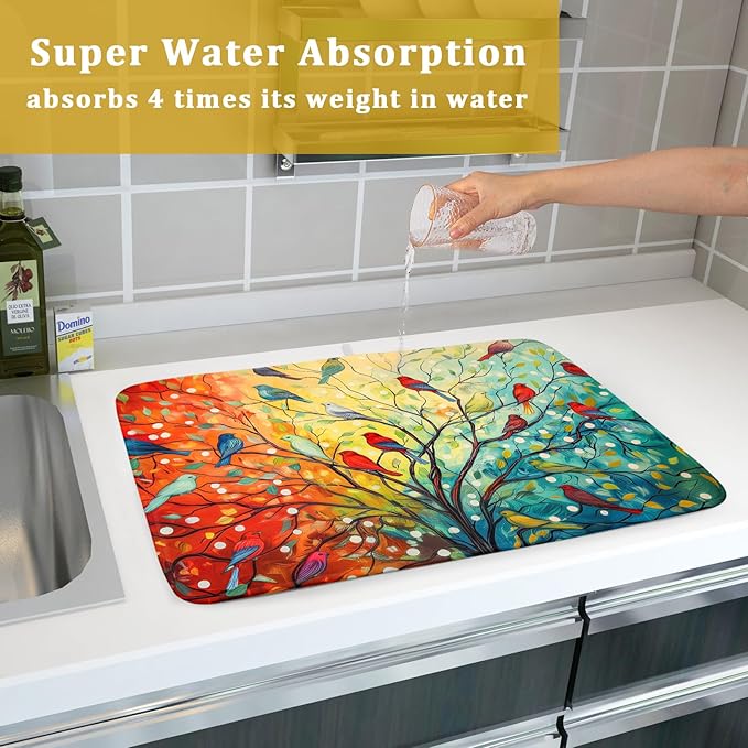 Spring Summer Floral Birds Dish Drying Mat for Kitchen Counter 18x24 Inch Spring Colorful Floral Kitchen Drying Mat Fast Dry Absorbent Microfiber Dish Drainer Rack Pad Flower Mat for Countertop Decor