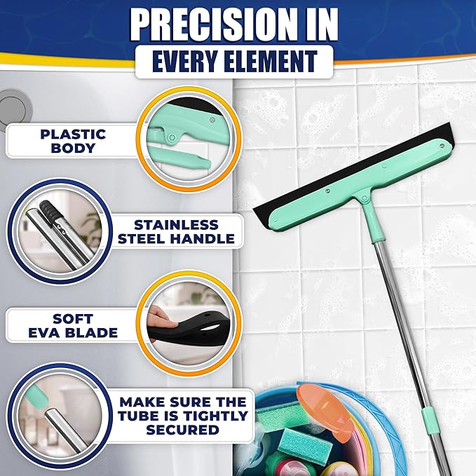 Floor Squeegee - 34.5" Telescoping Squeegee for Window Cleaning with Durable Stainless Steel Blade for Clear Surface Wiping - Suitable for Bathroom Mirrors, Car Windows and Home Surfaces