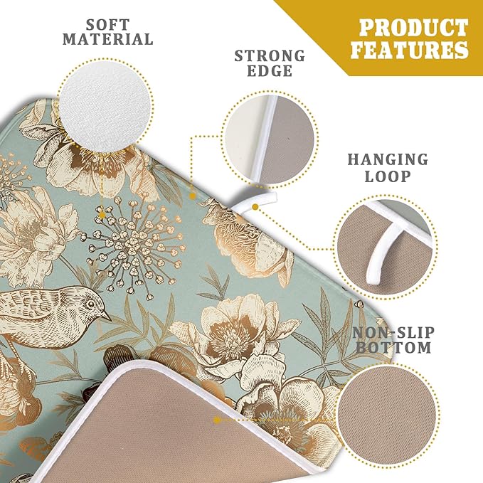 Retro Flower Bird Dish Drying Pad 16 x 18 Inch With Absorbent Reversible Microfiber Vintage Blue Gold Floral Drying Mats Dish Drainer Mat Fast Dry For Kitchen Dining Room Decoration