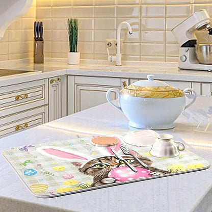 Happy Easter Day Pink Dish Drying Mat Quick Absorbent 18x24 Easter Bunny Rabbit Eggs Butterfly Lily Flowers Kitchen Drying Mat for Countertop Sink Reusable Dishes Mats Kitchen Essentials