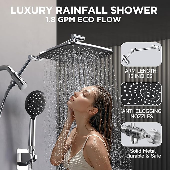 Veken Wide High Pressure Rain Shower Head with Handheld, Handheld Shower Heads with Multi Spray Modes, Rainfall Combo with 15" Metal Extension Arm,Detachable Dual Shower,1.8GPM, Chrome Silver