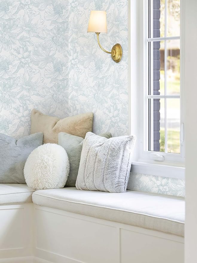 Ismoon Large Floral Peel and Stick Wallpaper Boho White and Blue Contact Paper 17.3inx16.4ft Modern Wall Paper Removable Self Adhesive Vinyl Wallpaper for Bedroom Cabinet Waterproof Mural Wall Decor