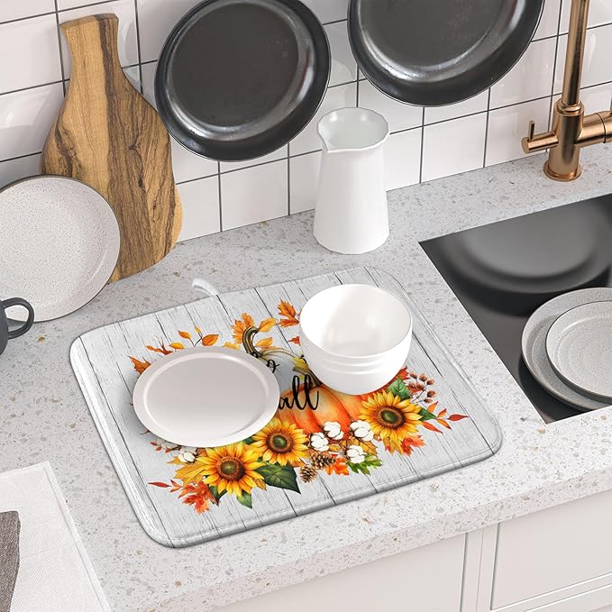 Hello Fall Sunflowers Dish Drying Mat for Kitchen Counter,Autumn Pumpkin Maple Leaves Drying Mat 16 x 18 Inch with High Absorbent Microfiber Dish Drying Drainer Mat for Coffee Bar