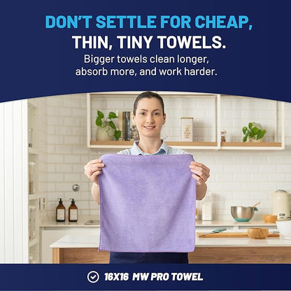 MW Pro Microfiber Cleaning Cloth |Pink, Purple, Blue (12 Pack) | Size 16" x 16" Multi Surface Microfiber Towels