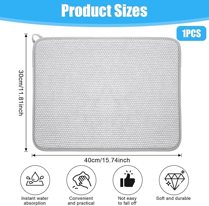 Giantree Small Microfiber Dish Drying Mat, Absorbent Dish Drainer Mats for Kitchen Counter, 15.74 x 11.8 Inch Microfiber Dishes Drying Pad Countertops Sinks Draining Racks(Gray)