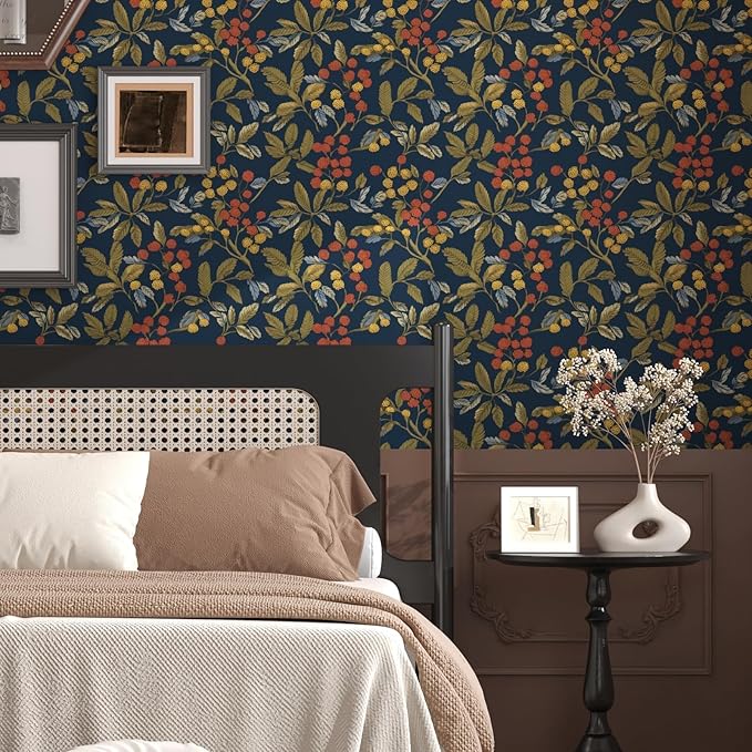 Laatse Vintage Wallpaper Peel and Stick, Navy Blue Floral Contact Paper 17.5" x 393.7", Dark Leaf Botanical Wall Paper Self Adhesive Waterproof Removable for Room Shelves Cabinet Drawer Table Decor