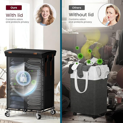 150L Rolling Laundry Basket with Wheels and 2 Removable Bags, Double Laundry Hamper with Lid, 2 Section Large Capacity for Laundry Bedroom Bathroom Dorm, Easy Move & Organize 19.7"x15.7"x31.9", Black