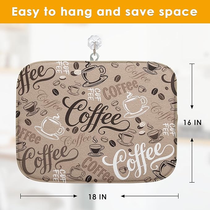 Sanwarm Absorbent Dish Drying Mat, First Coffee Cute Doodle Chalkboard Microfiber Pad for Kitchen Counter, Coffee Bar Decor, Heat Resistant and Reversible, 16" x 18"