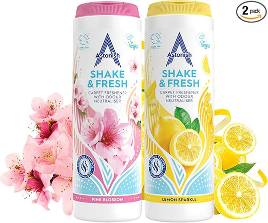 Astonish Shake Fresh Carpet Powder Bundle, 350g Pink Peony & 350 g Lemon Sparkle Odor Eliminator - Pet Safe Vacuum Deodorizer, Dual Scent Home Refresher, Floor Cleaner, Long Lasting Room Fragrance