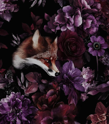 Fox Floral Animal Wallpaper Peel and Stick, Dark Purple/Red Goth Contact Paper, Black Vintage Gothic Wall Paper Self Adhesive Removable Waterproof for Bedroom Shelf Cabinet Drawer Table 17.5" x 118"