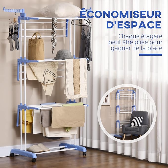 HOMCOM Folding Clothes Airer on Wheels Steel Frame Interior and Exterior Side Wings 3 Levels 73 x 64 x 177 cm Blue Silver