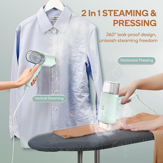 Newbealer Steamer for Clothes, Dual Voltage 100-240V, 1200W Travel Steamer with Horizontal & Vertical Steaming, 20s Heat-up, Foldable, 1.72lbs, 180ml Fabric Wrinkle Remover (Green)