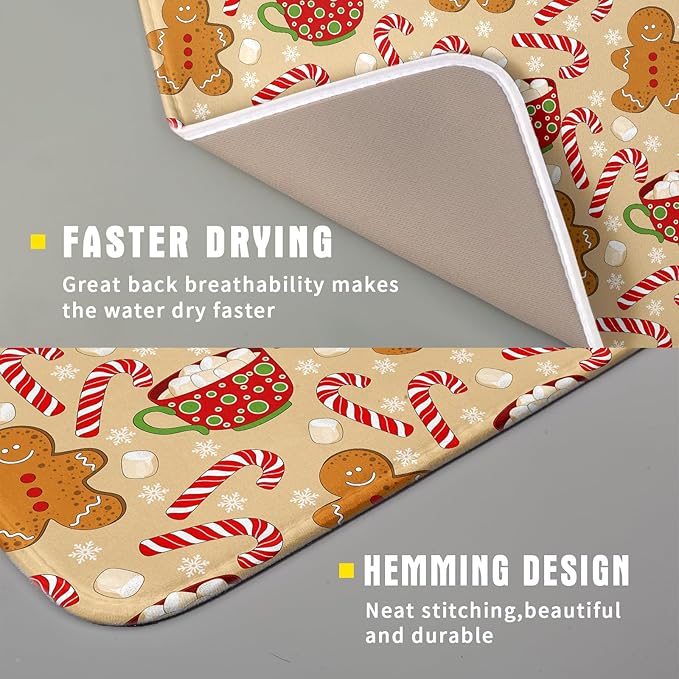 Christmas Gingerbread Man Dish Drying Mat for Kitchen Counter 16x18 Xmas Candy Cane Winter Holiday Theme Absorbent Reversible Microfiber Drying Mats Kitchen Countertop Protector Dishes Drainer Pad