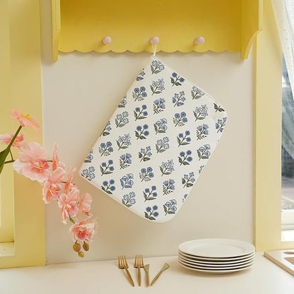 Blue Sage Green Block Print Dish Drying Mats 18x24 Inch Blue Sage Green Vintage Spring Floral Decorative Drying Mats Summer Outdoor Decor Coffee Bar Mat for Kitchen Dining Room