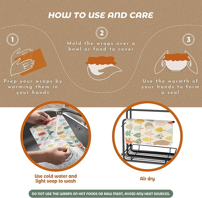 Akeeko Reusable Beeswax Food Wraps - Assorted 9 Packs, Reusable, Plastic-Free Food Storage, 5 Small, 2 Medium, 1 Large, 1 Extra Large Wraps with Forest Animals Pattern