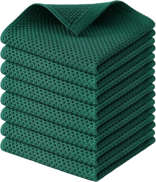 Kitinjoy 100% Cotton Kitchen Dish Cloths (12 X 12 Inches, Dark Green), 8 Pack Waffle Weave Ultra Soft Absorbent Dish Towels for Drying Dishes Quick Drying Kitchen Towels Dish Rags