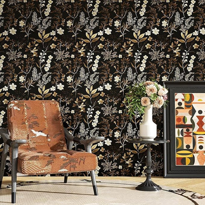 Fvlow Vintage Leaf Wallpaper Peel and Stick Gold Leaf Contact Paper 17.4" x 393" Black Floral Waterproof Self-Adhesive Wall Covering for Bedroom Countertop Desk Cabinets