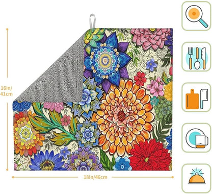 Boho Floral Dish Drying Mats for Kitchen Counter, Absorbent Microfiber Colorful Drying Pad for Dishes, Spring Easter Washable Decorative Kitchen Mat for Dining Area Sink, Home Decor, 16" x 18"
