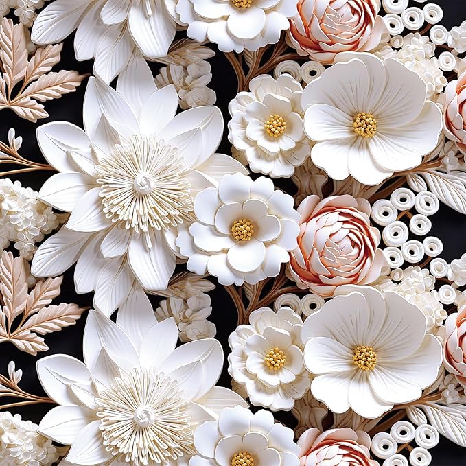 FunStick 17.5"x354" White Faux 3D Floral Peel and Stick Wallpaper Black Pink Embossed Floral Wallpaper for Bathroom Living Room Accent Wall Panels Self Adhesive Contact Paper for Walls Shelves Vinyl