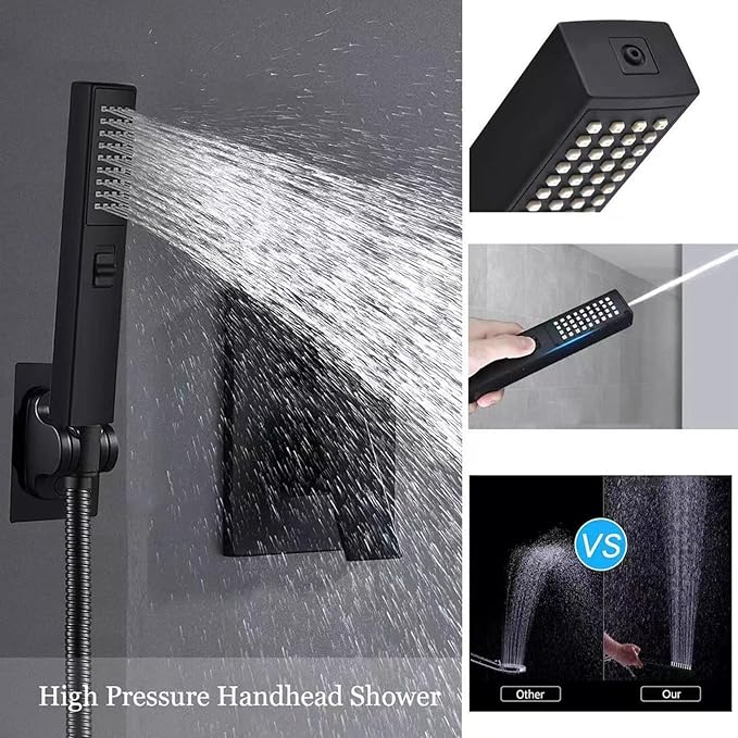 LUYU Square Handheld Shower Head - Dual Spray (Rain & Precision Jet), Matte Black Finish, 2.8Bar High Pressure, Ergo Grip for Low Pressure Bathrooms, AirBoost Tech, 5-Layer Filter (Head Only)