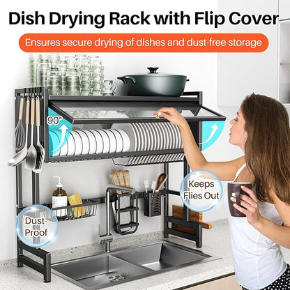Over The Sink Dish Drainer Drying Rack 3 Tiers with Cover, Keep Kitchen Sink Shlef Organized Space-Saving Dish Drying Rack, Large Stainless Steel Sink Drying Rack for Dishes, Bowls, Cutlery (33.4"W)